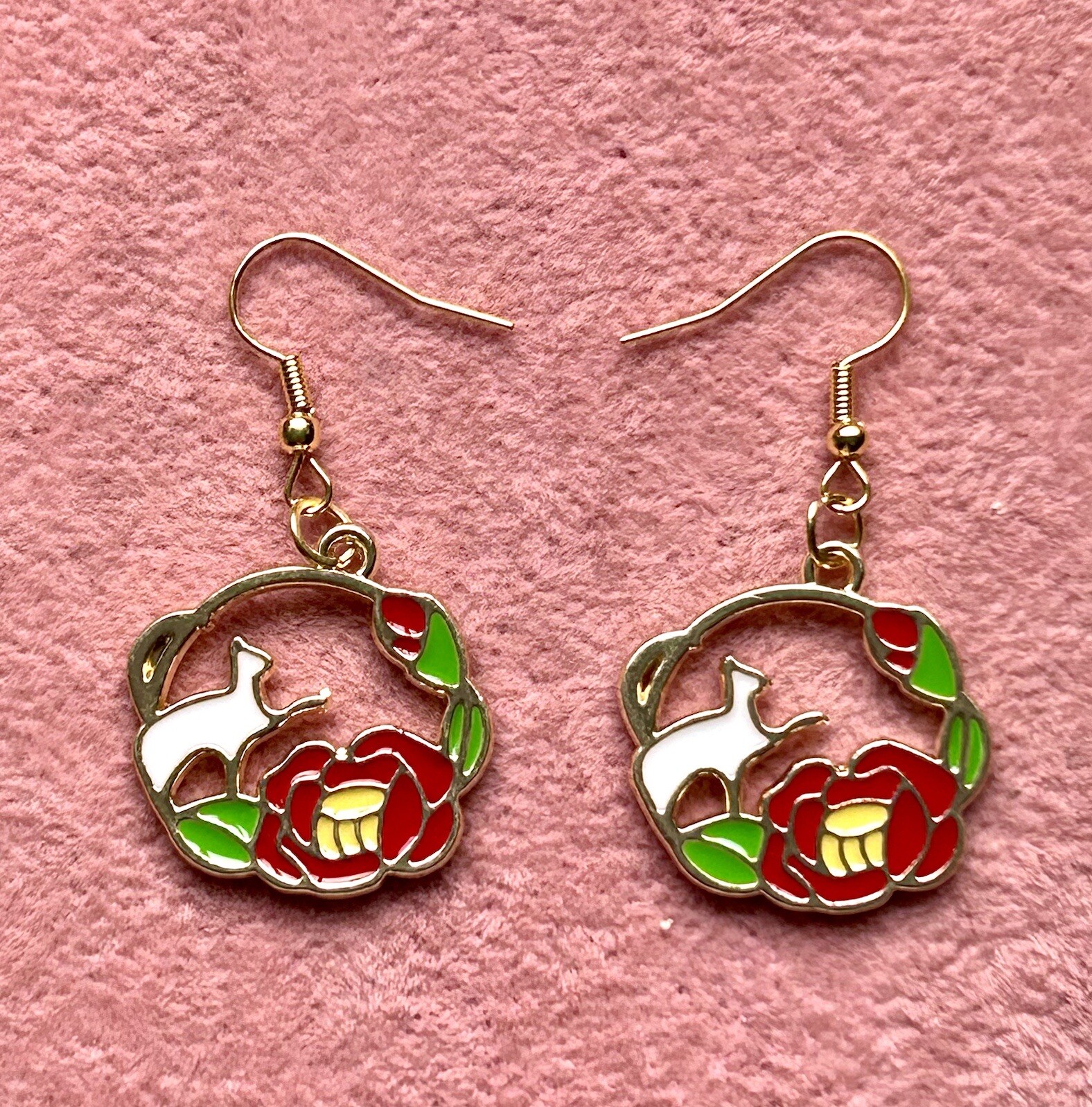 Japanese Style Gold Tone Alloy Enamel White Deer & Red Camellia Dangly Earrings