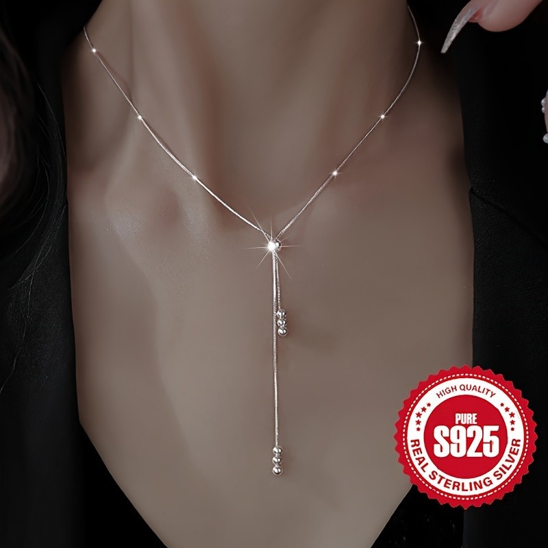 925 Sterling Silver Y Necklace Women Adjustable Bead Slider