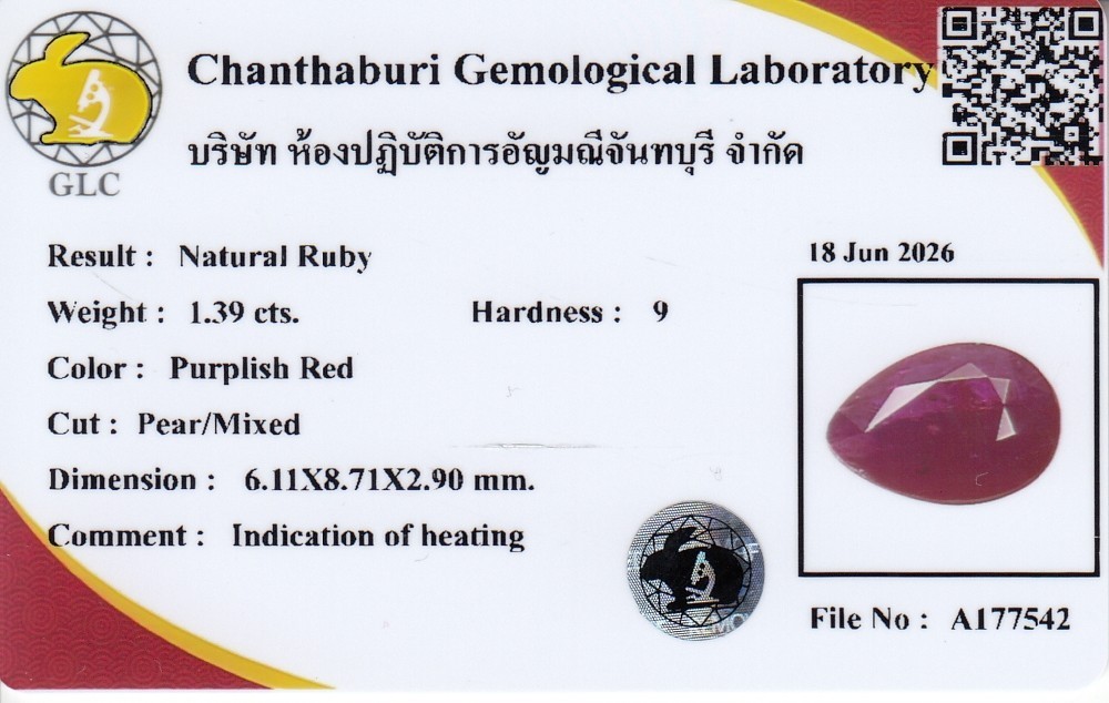 💎 GLC CERTIFIED 1.39ct Pear Natural Purplish Red Ruby – Heated, Mozambique Gem