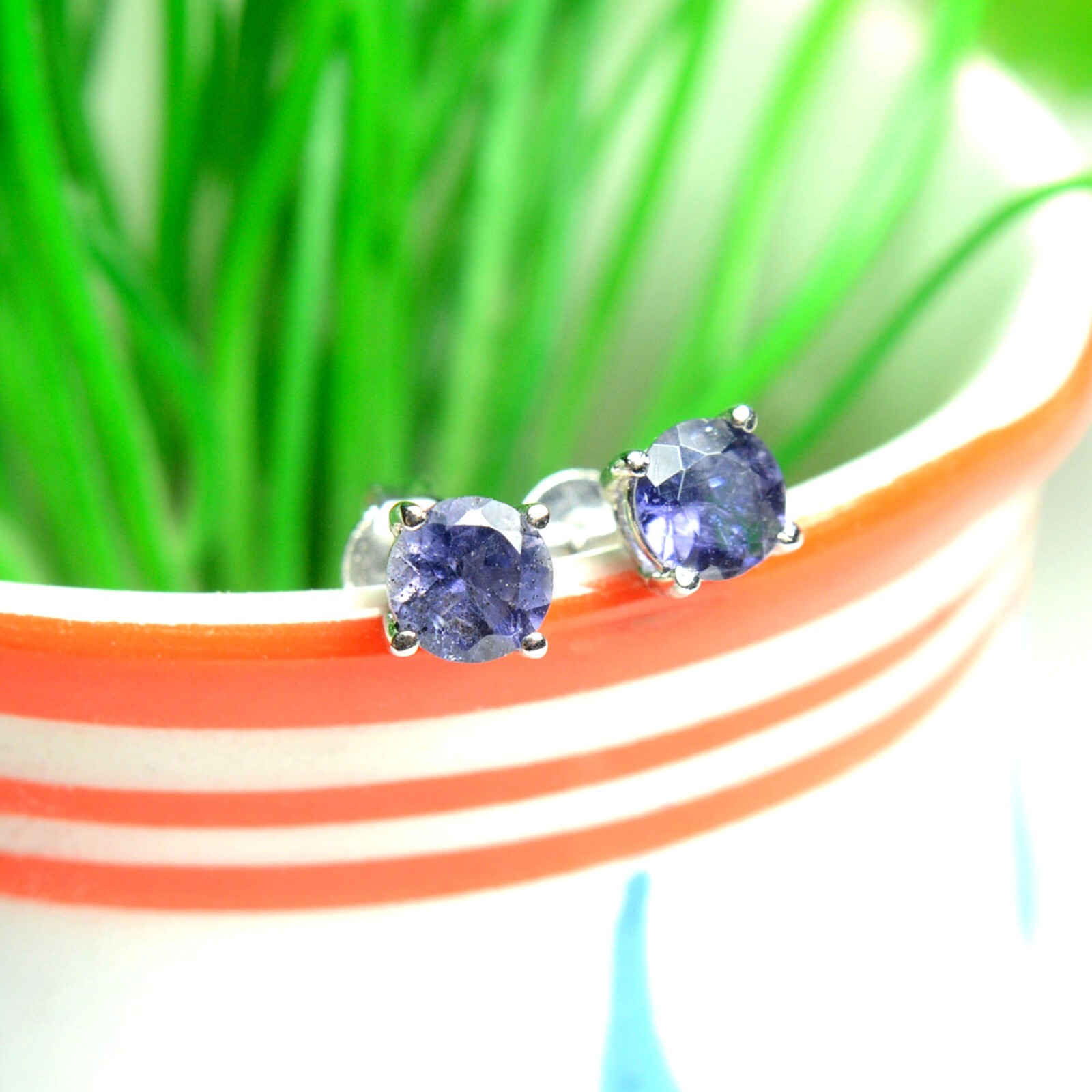 Genuine Iolite Round Gemstone 925 Sterling Silver Women Handmade Stud Earrings