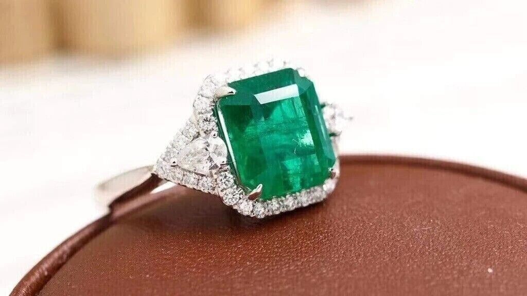 6.80Ct Emerald Cut Natural Emerald & Diamond Wedding Ring 14K Solid White Gold
