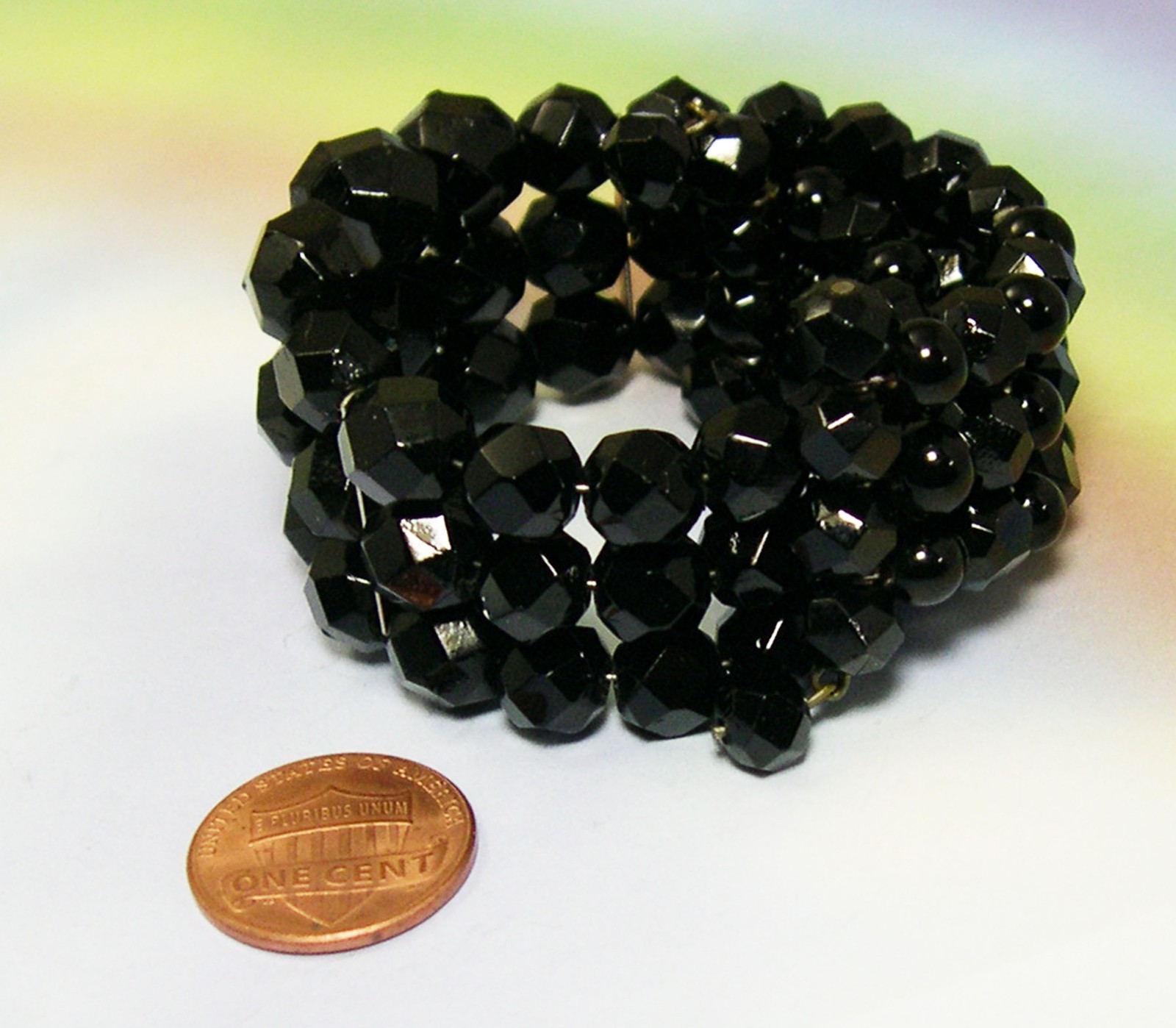 Vintage Wire Wrap Bracelet Jet Black Glass Faceted Beads retro old jewelry