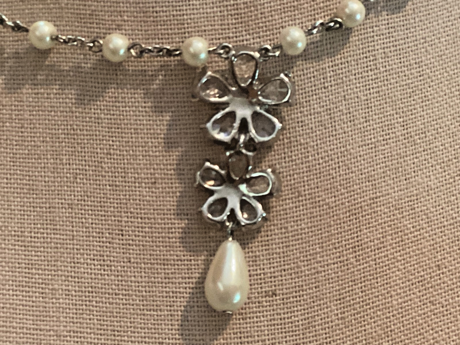 Carolee Bridal Faux Pearl Silver Tone Chain Rhinestone Pendant Drop Necklace