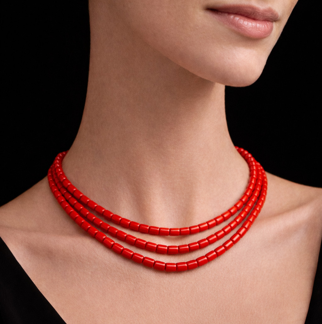 Red Coral Necklace 3 Strand 8x3mm Cylinder Tube Bead 18″ Layered Capsule Jewelry