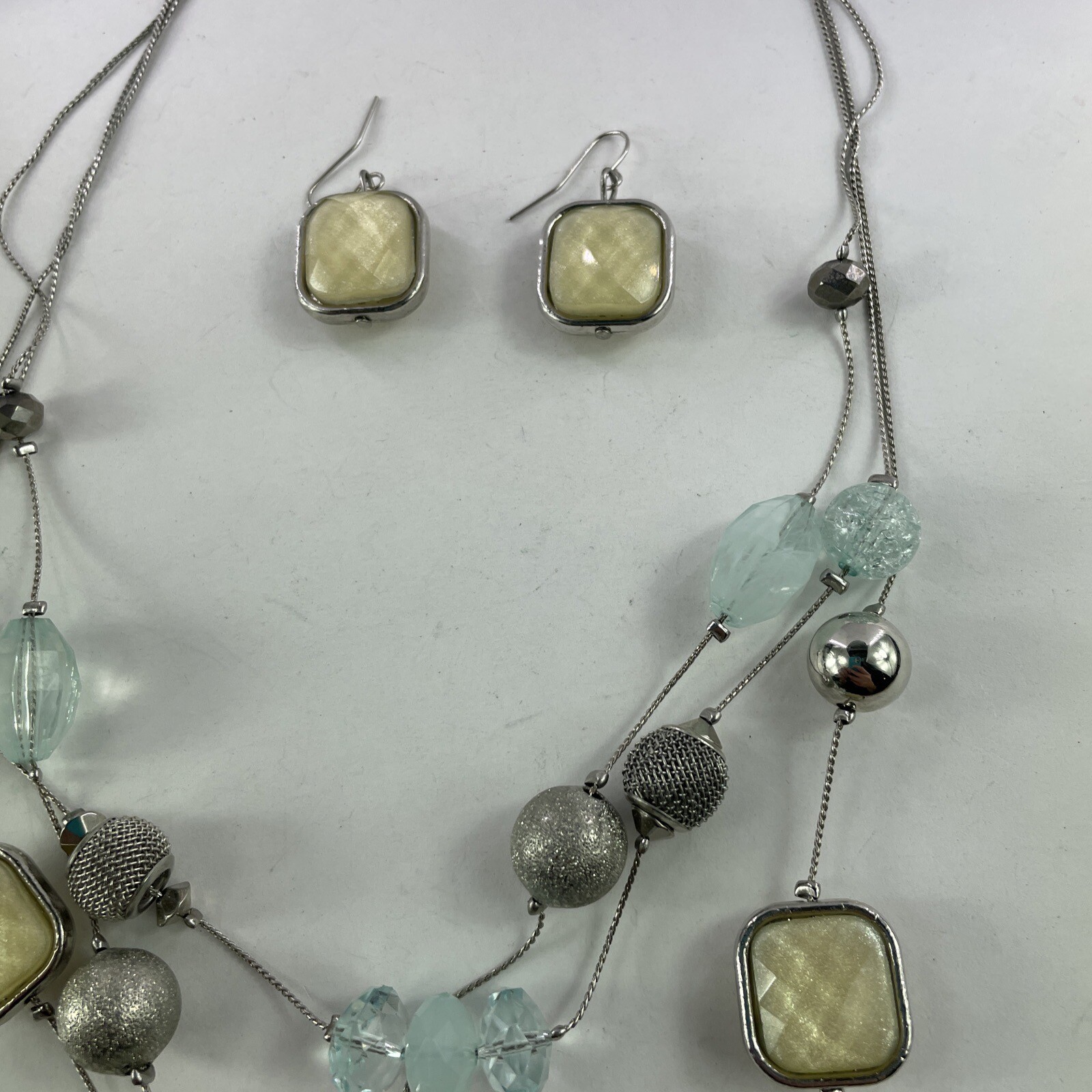Necklace & Earrings Set, Beaded, Stones, Ivory & Blue, Silver Toned, Layered