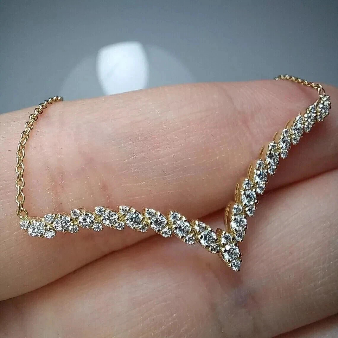 1.50Ct Round Cut Real Moissanite 14K Yellow Gold Plated V Shape Women’s Necklace