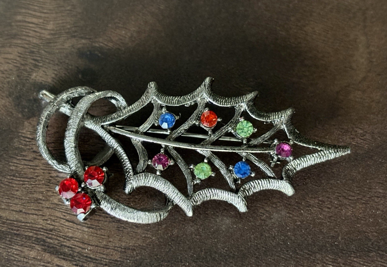 Vintage Beatrix Christmas Holly Leaf Brooch Multicolor Rhinestones Silver Tone