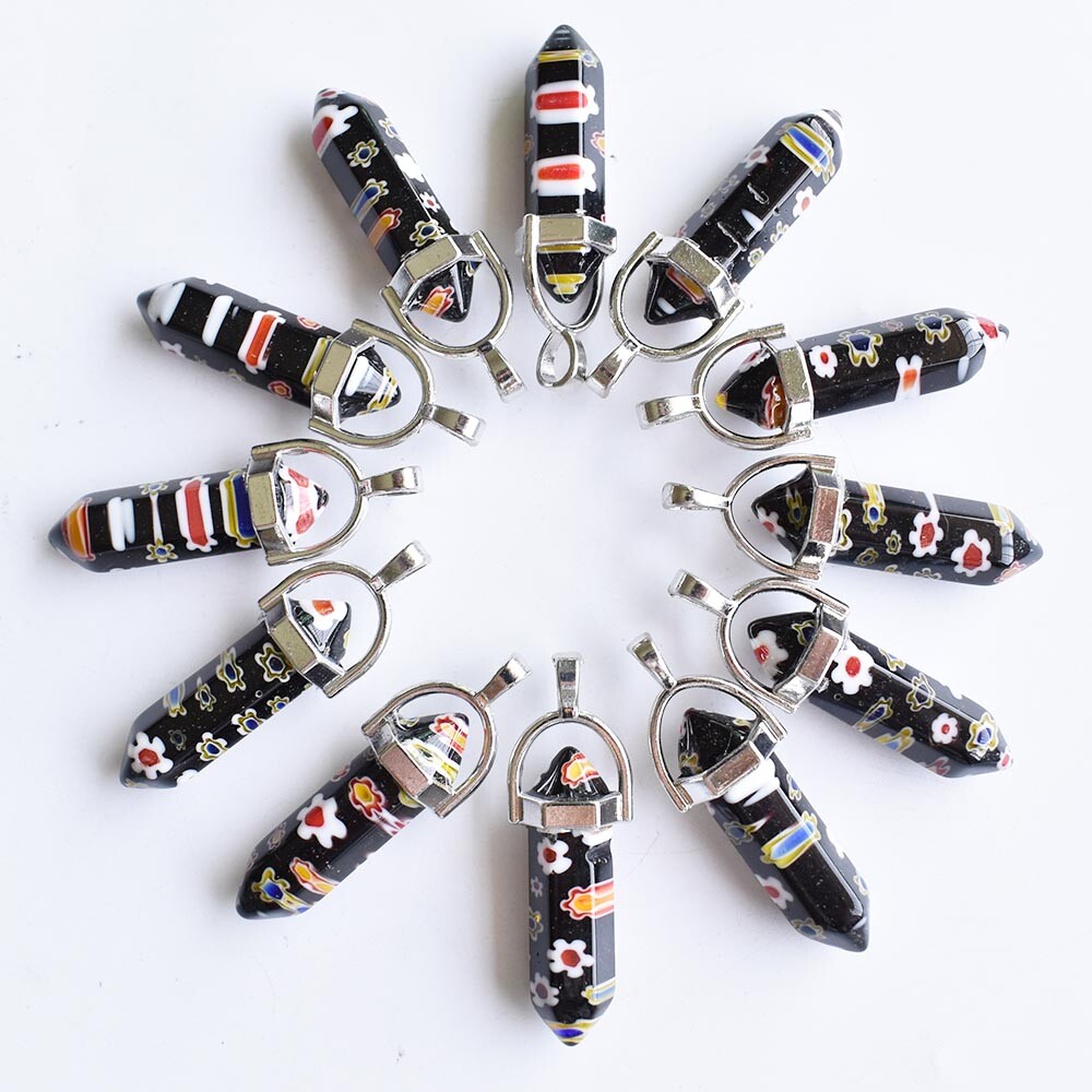 30pcs Mixed Thousand Flower Glass Pillar Point Charm Pendants for Jewelry Making