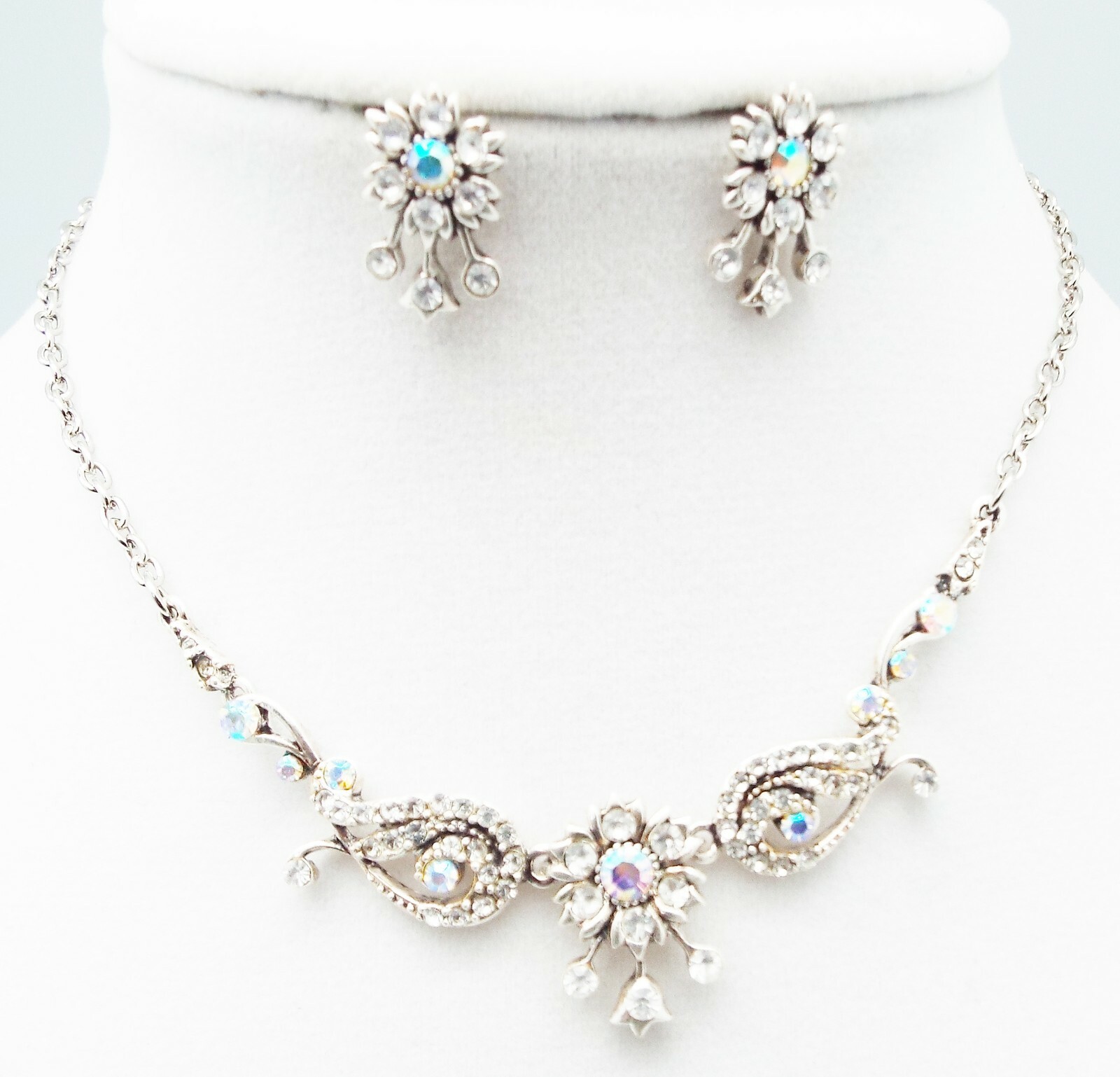 CC 18 in CLEAR A/B CRYSTAL SILVER VICTORIAN NECKLACE EARRINGS JEWELRY SET NEW