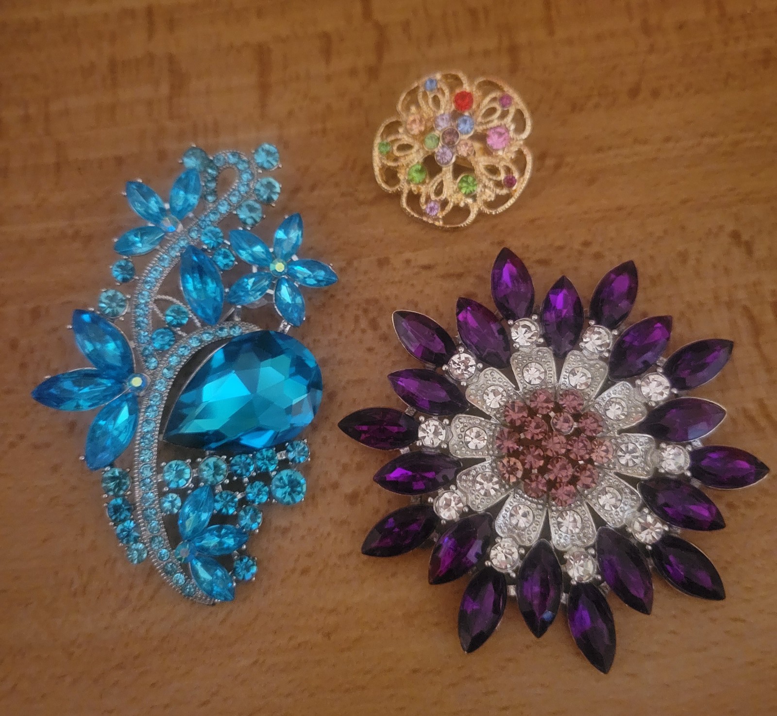 Big Aqua Blue Purple Rhinestone Multicolor Flower Brooch Pin Lot CA USA E508