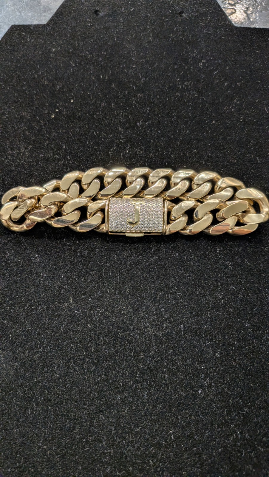 Custom “J” Initial Cuban Link Bracelet – 14k Gold Plated – CZ Iced Out Box Clasp