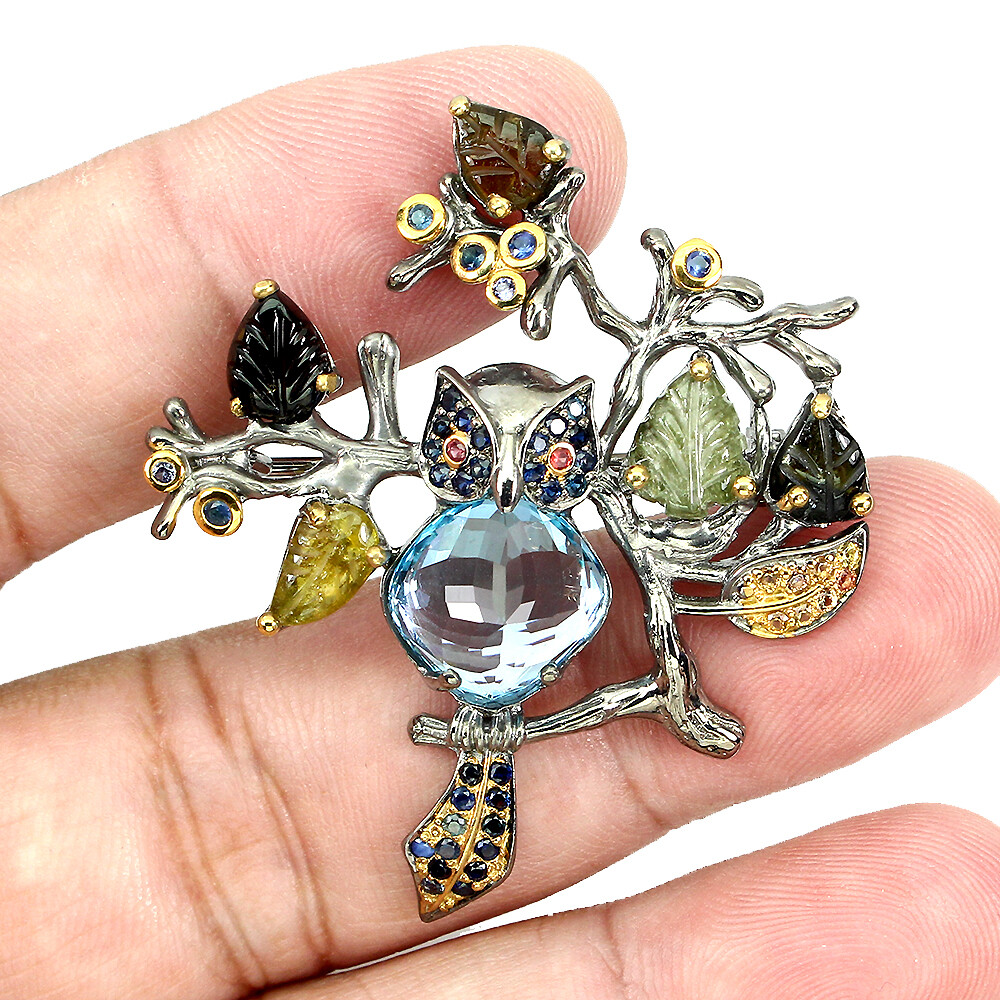 925 Sterling Silver Brooch Topaz 11.2 ct Sapphire Handmade Gemstone Jewelry Gift