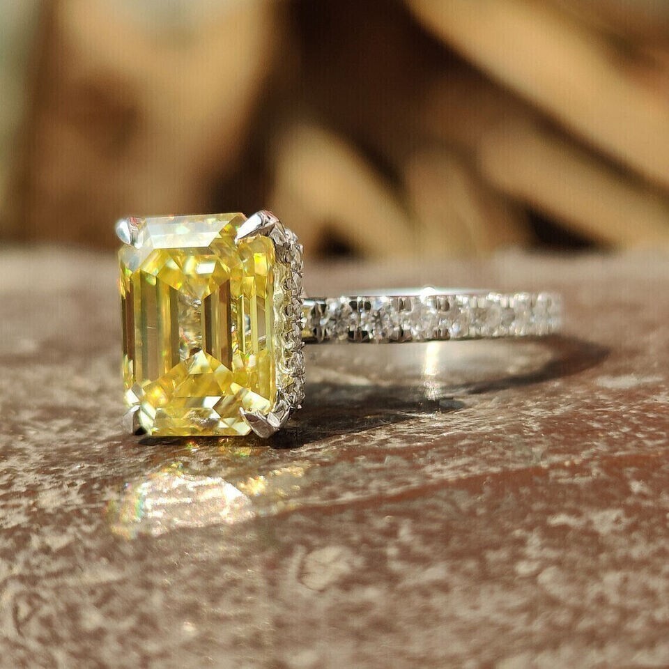 2CT Emerald Cut Simulated Yellow Citrine Engagement Ring 14K White Gold Plated