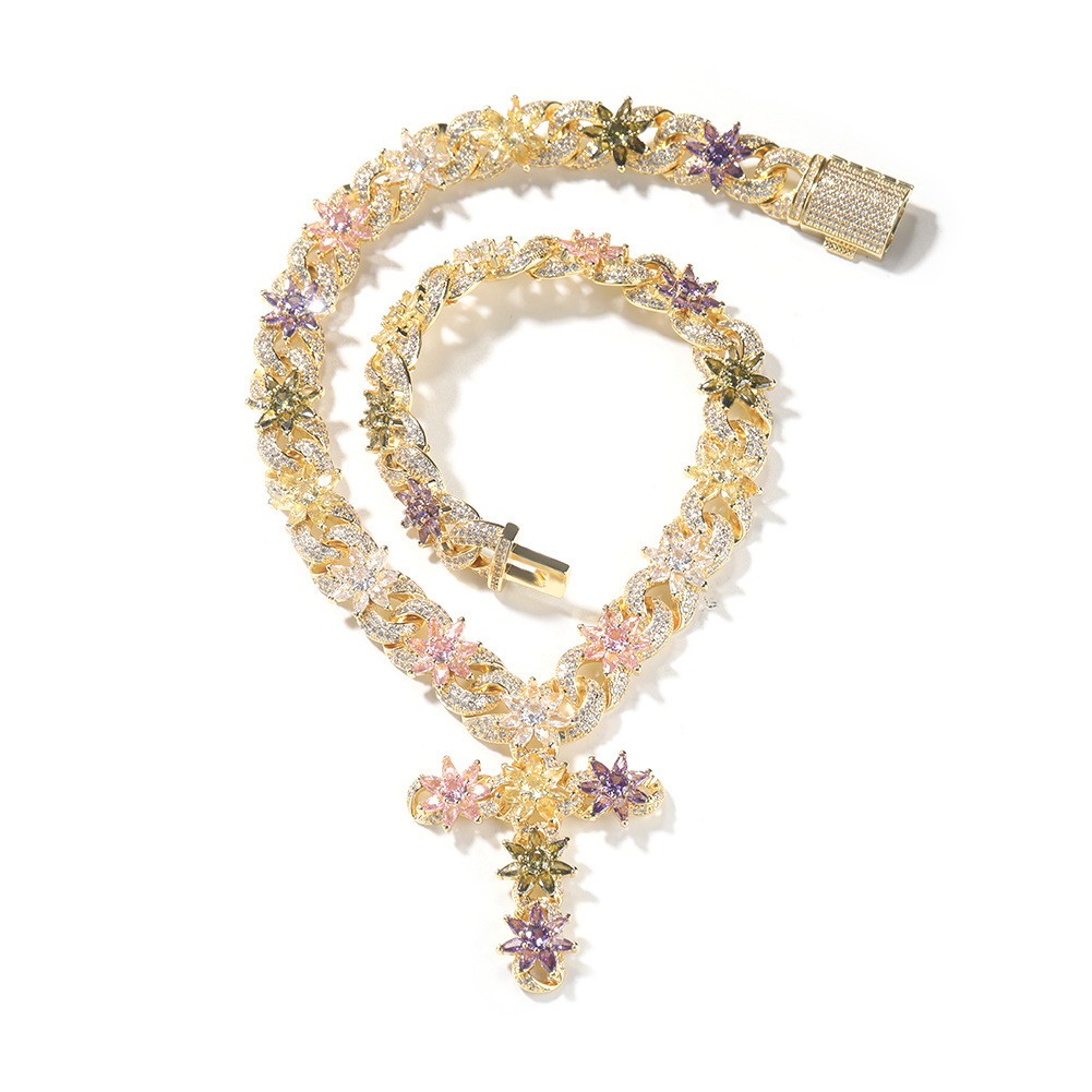 Bling Rainbow Colored CZ Floral Cross Necklace Heavy Gold Plated Hip-hop Chain