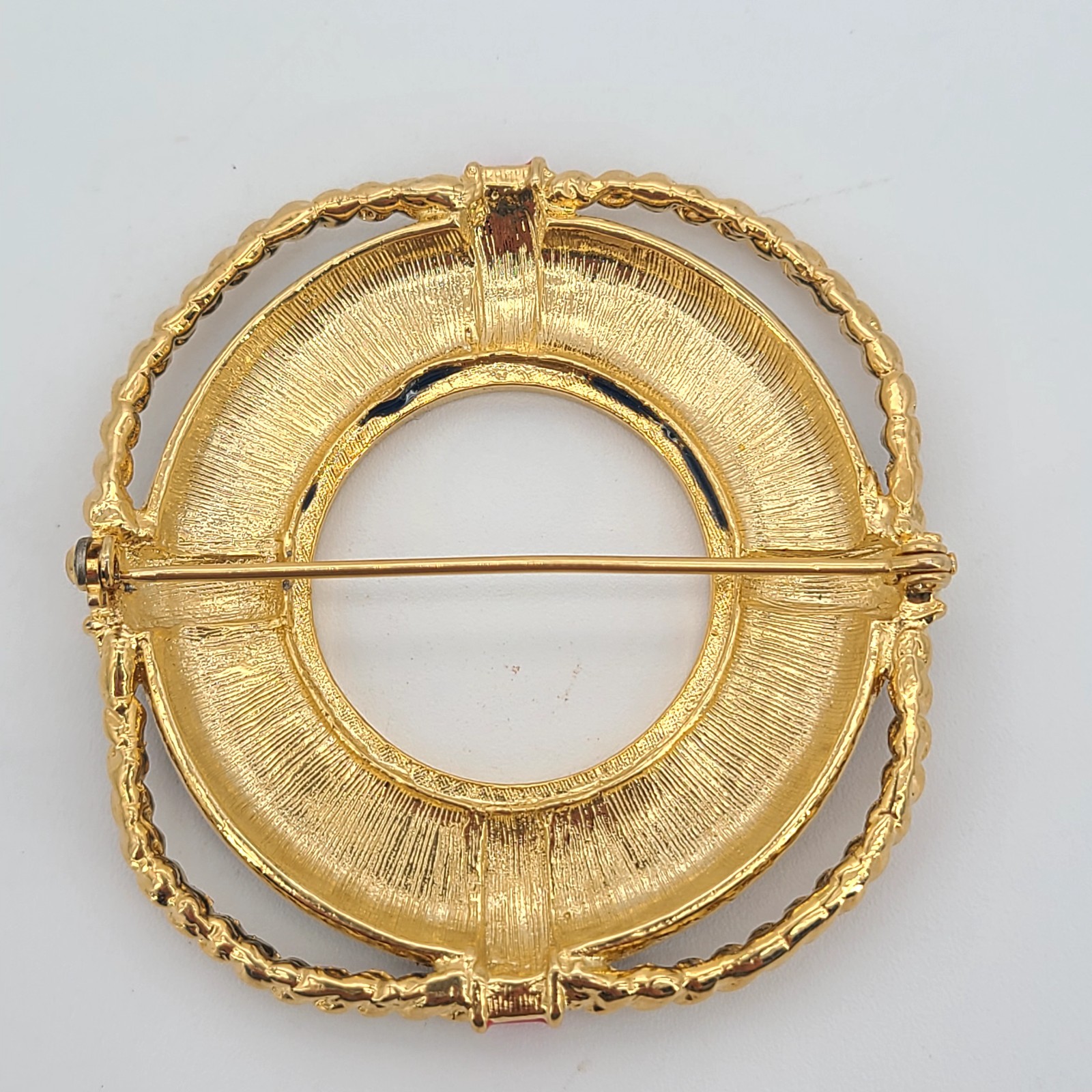 Vintage Nautical Ship Wheel Brooch Pin Enamel Gold Tone Maritime 2″ Americana