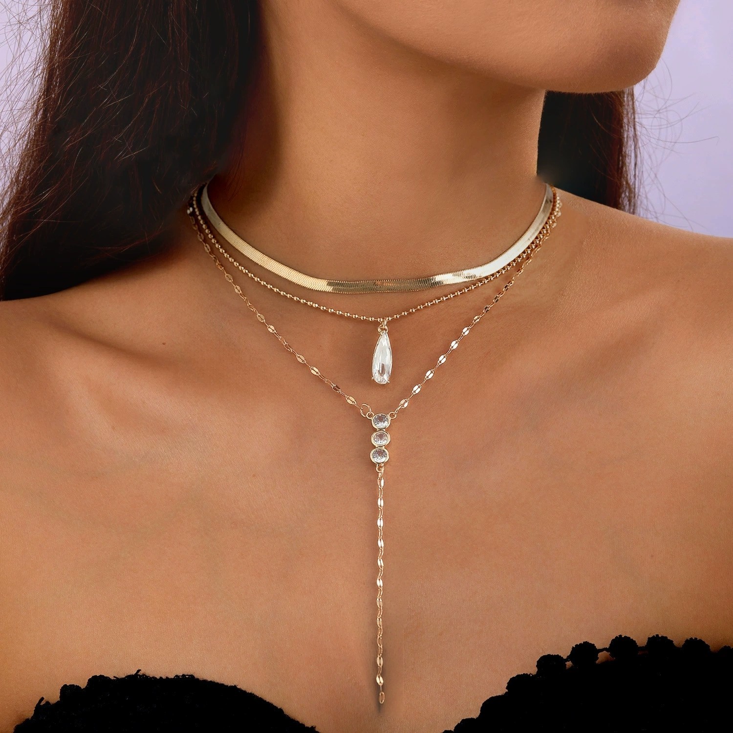 3 Layer Stacked Lariat Gold Herringbone Choker Teardrop Zircon Y-Drop Necklace