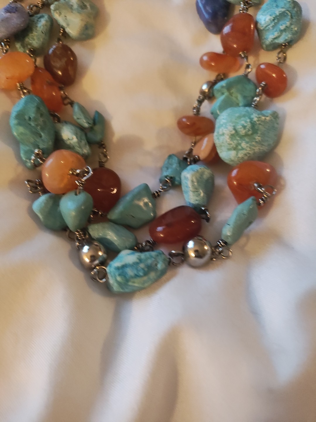 Artisan Amber & Turquoise 19″ 3 Strand Rock Necklace/ Earrings Southwest. Read