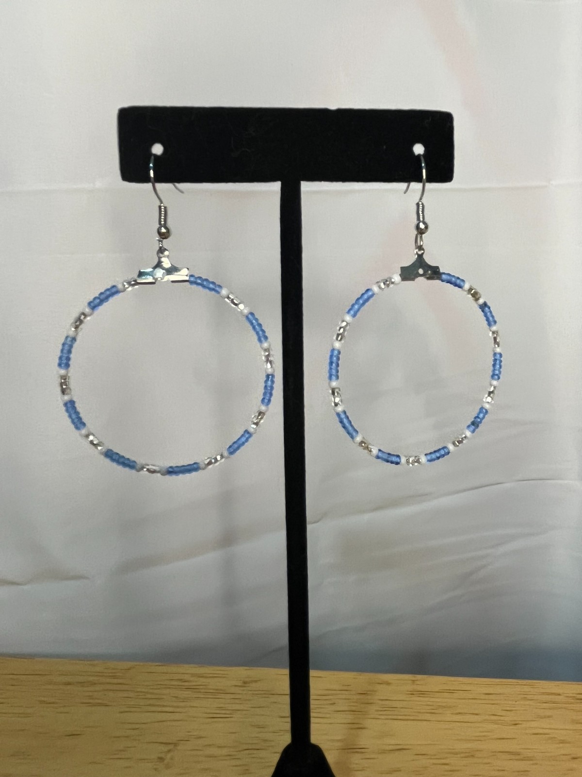 Handmade Beaded Earrings – Blue White Silver hoops