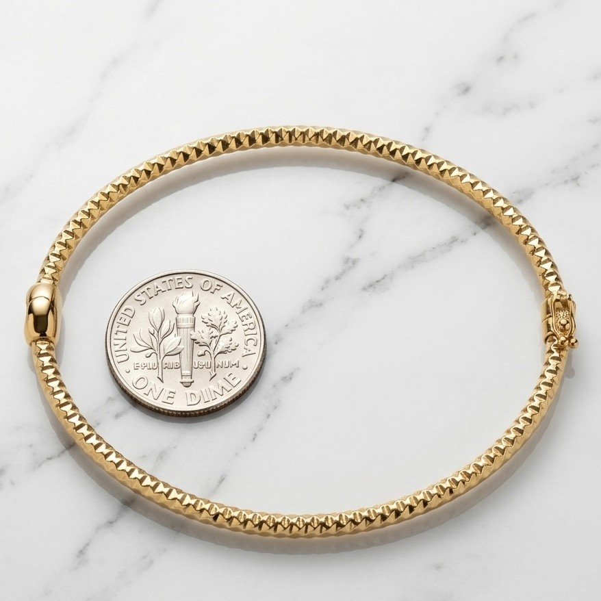 Small Size Full Diamond Cut Oval Hinged Bangle Bracelet Real 14K Yellow Gold