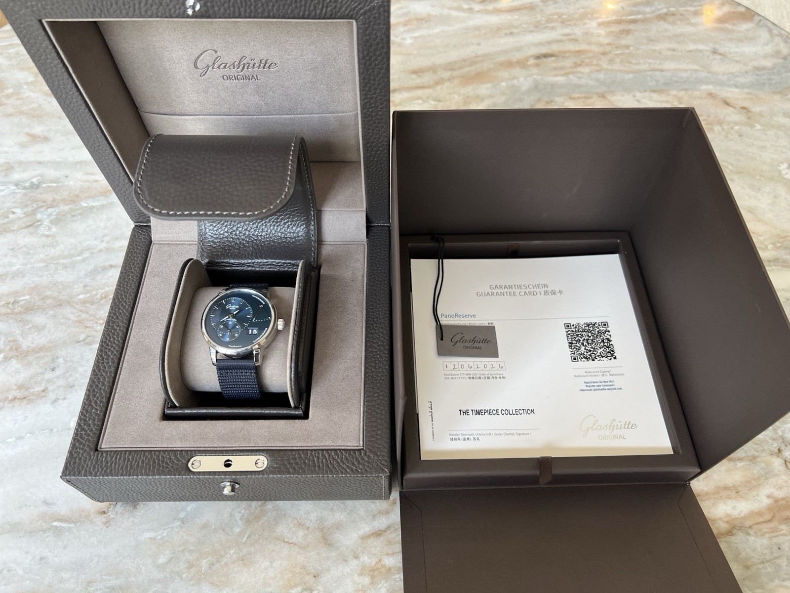 Glashütte Original PanoReserve Blue Dial Manual Date PR Nylon Strap Box Papers