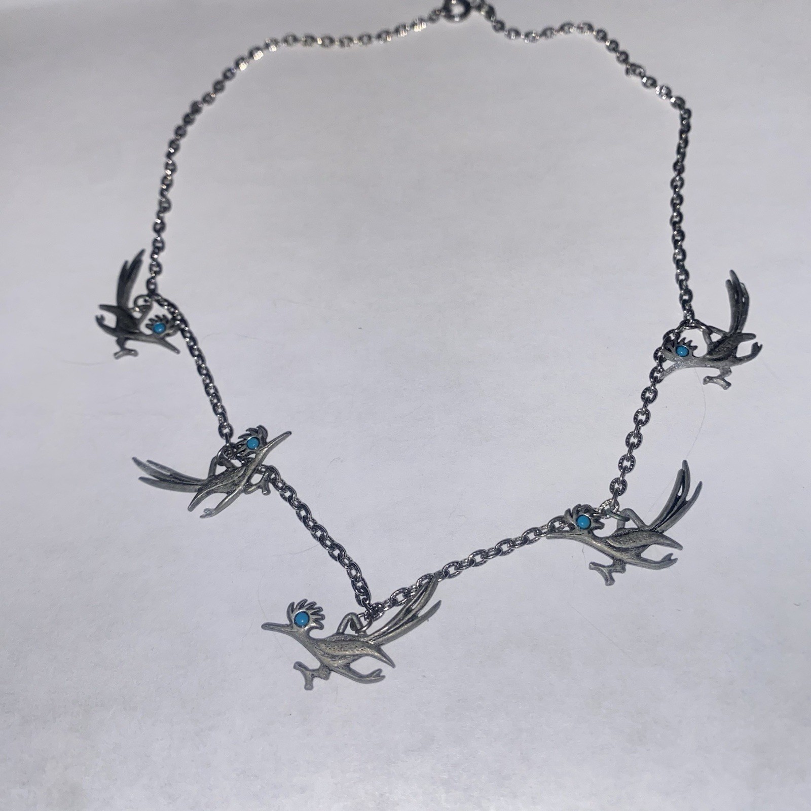 1970s Signed J.Ritter Silver Necklace W Roadrunner Charms Pendant Turquoise Eyes