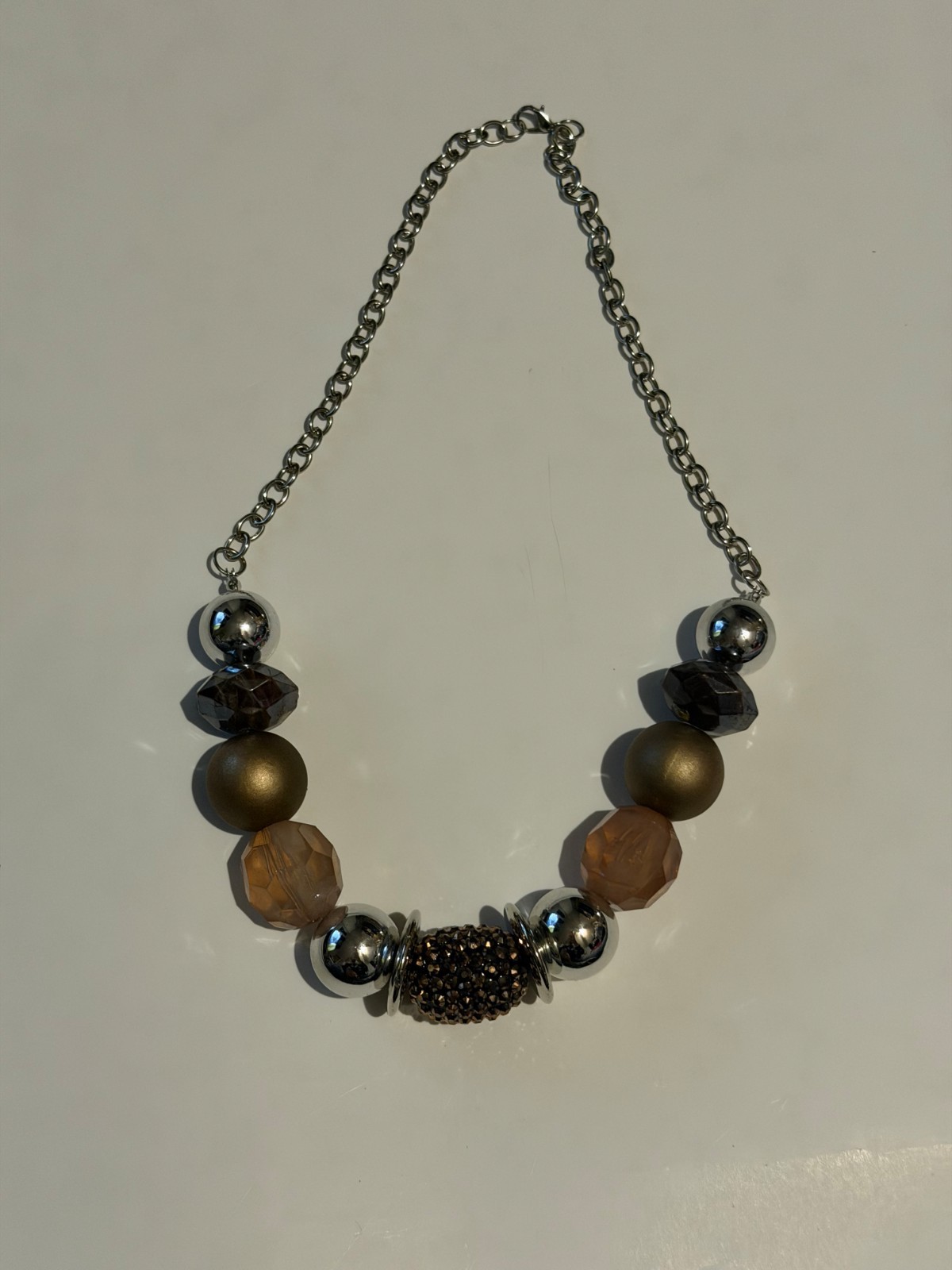 Brown & Silver Statement Beaded Necklace – Chunky Fashion Jewelry – Adjustable