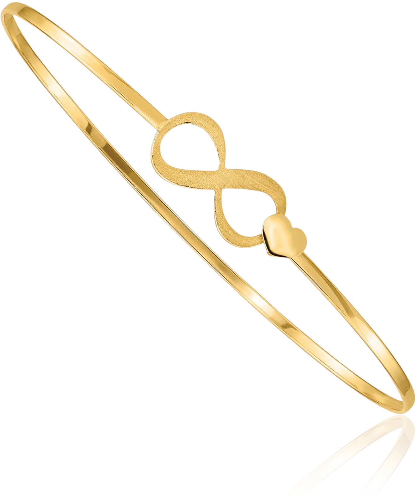 14K Solid Yellow Gold Heart Infinity Bangle Bracelet 7 inch Polished, Matte