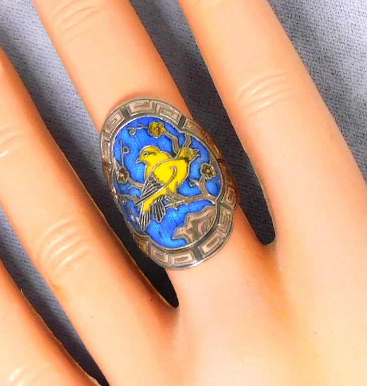 Vtg Chinese Export Sterling Silver Cloisonne Enamel Lovebirds Cigar Band Ring