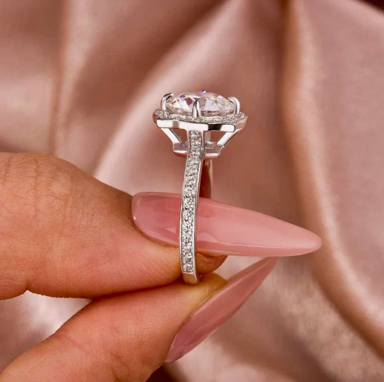 3.0Ct Halo Round Moissanite White Gold Engagement Ring & 1.65Ct Band Set Wedding