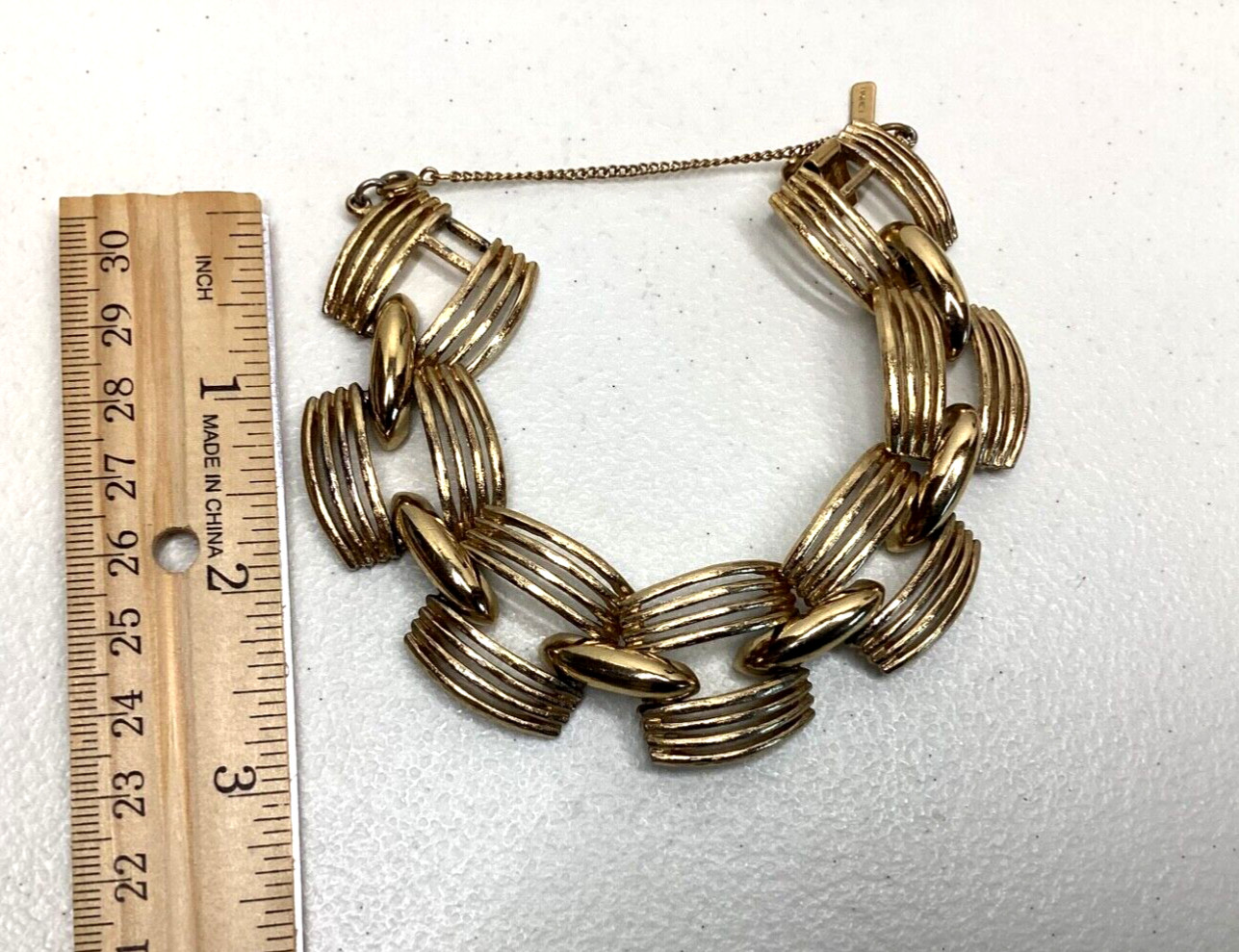 Monet Vintage Bracelet Gold-Tone Links Signed with Hangtag and Safety Chain 7 in