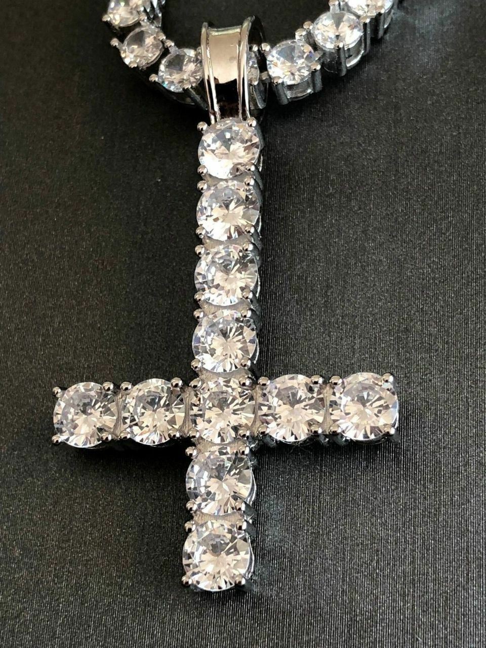 Inverted Cross Upside Down Real Solid 925 Sterling Silver Tennis Chain CZ