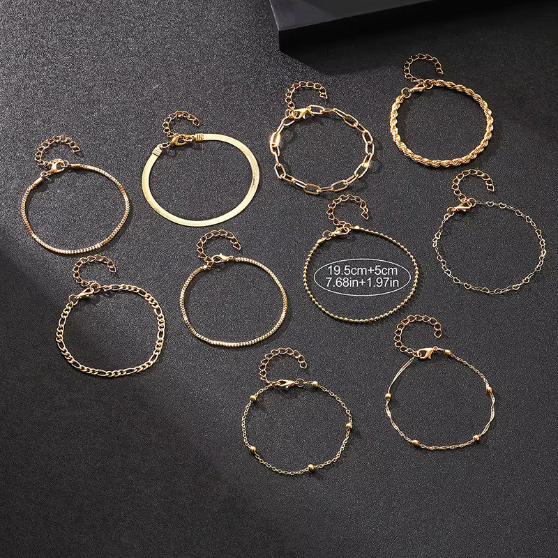 10 Bohemian Bracelet Set Gold Silver Color Stackable Bangles Retro Link Jewelry