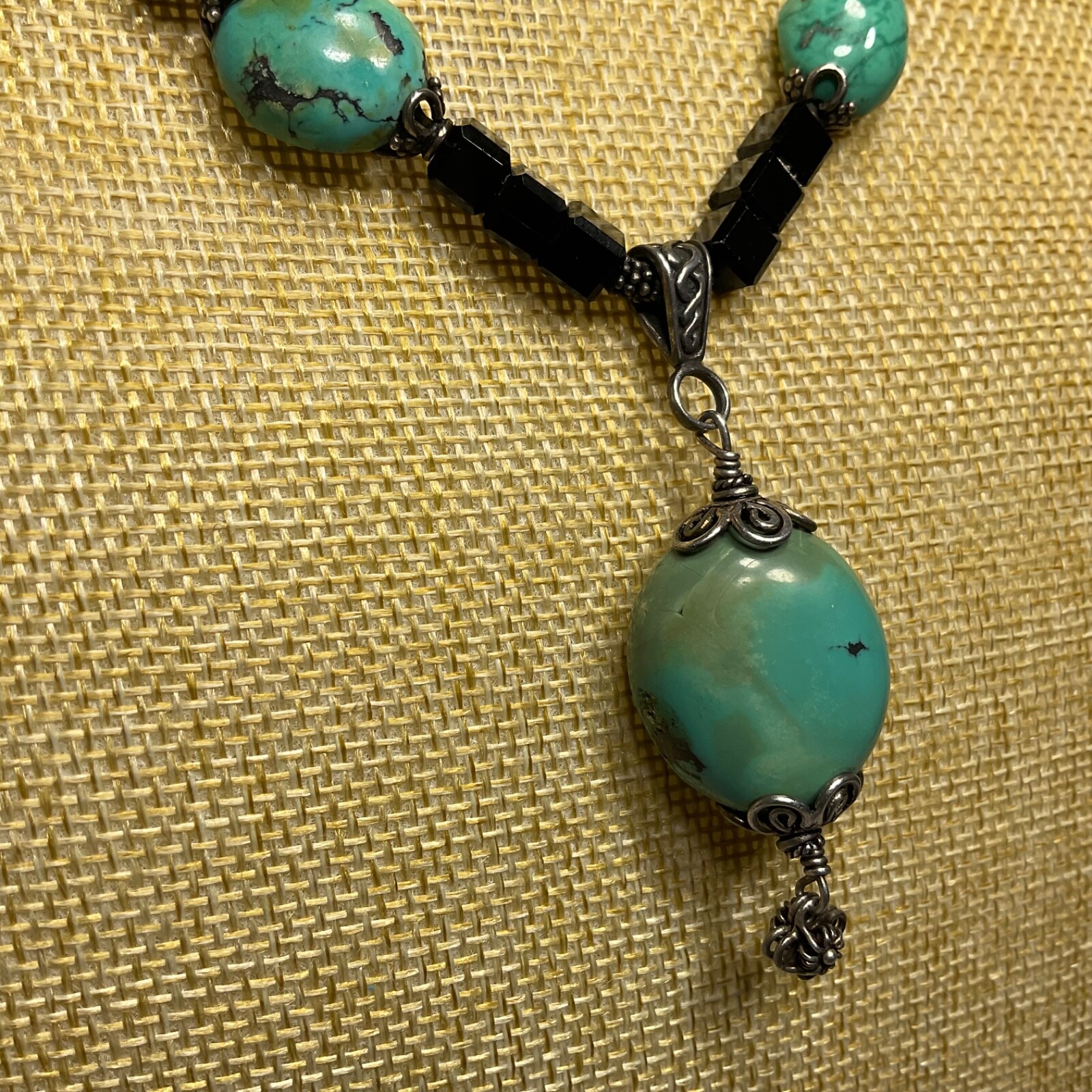 Vtg Genuine Turquoise Black Glass Beaded & Drop Pendant Necklace Earring Set 925