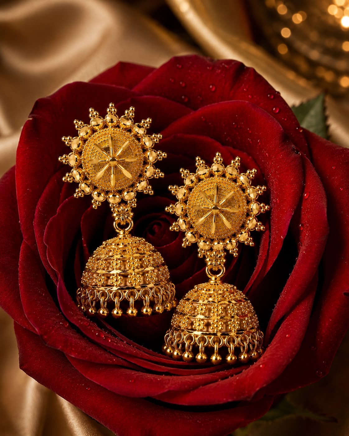 18k Gold Plated Jhumka Earrings, Brass, Art Deco Style,