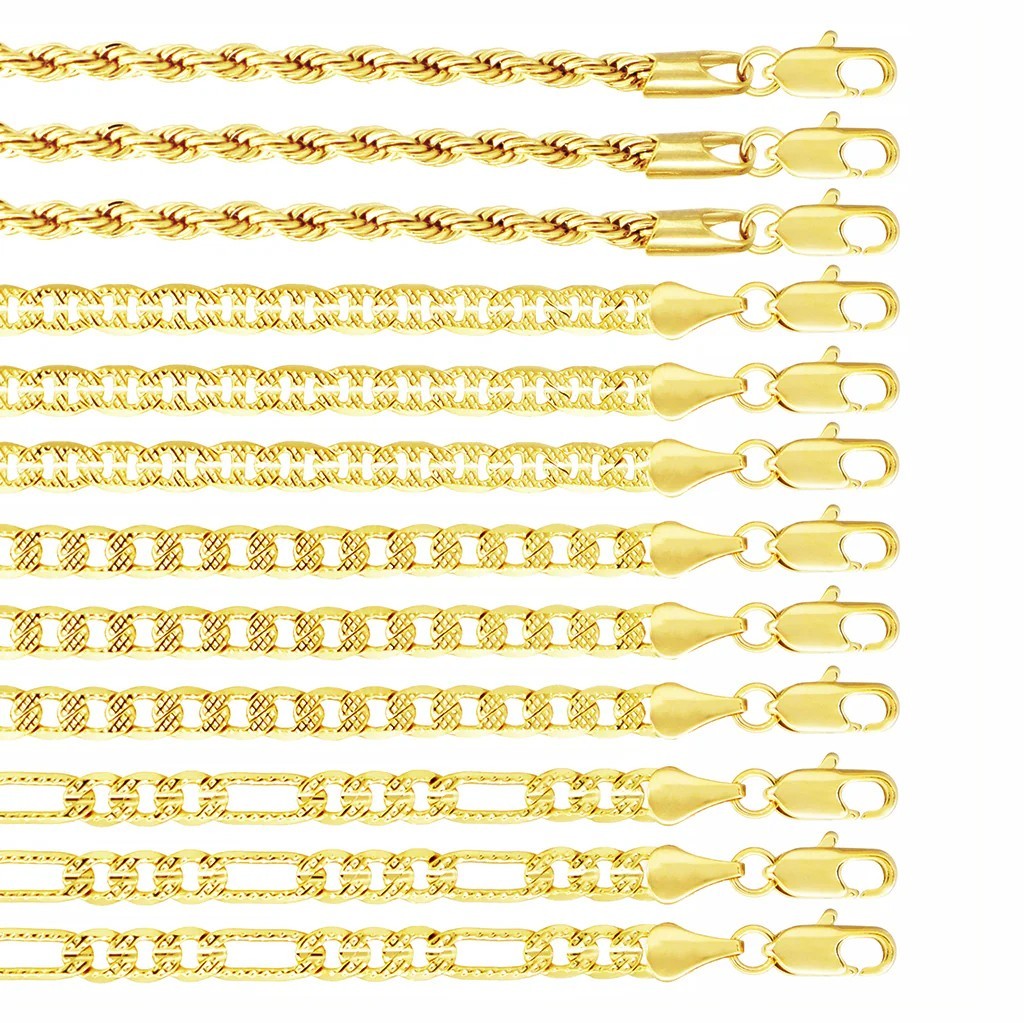 12PC Women 14K Stamped Brass Assorted Anklet 10″ Rope/Mariner/Cuban/Figaro Chain