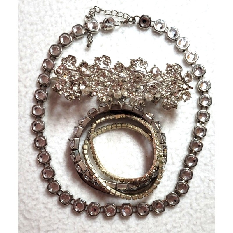 Clear Crystal Rhinestone Tennis Station Necklace Stretch Bracelet Lot Silvertone