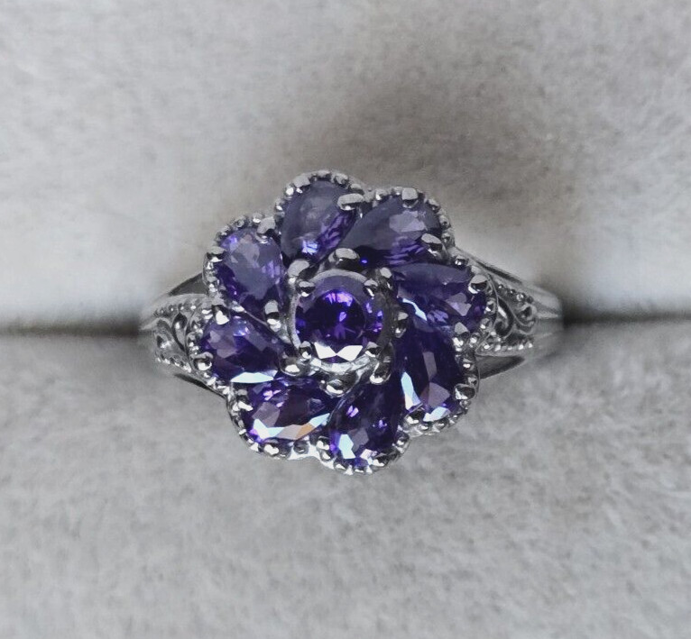 Purple Iolite Floral Ring in Surgical Stainless Steel, 2.85 ctw Size 7