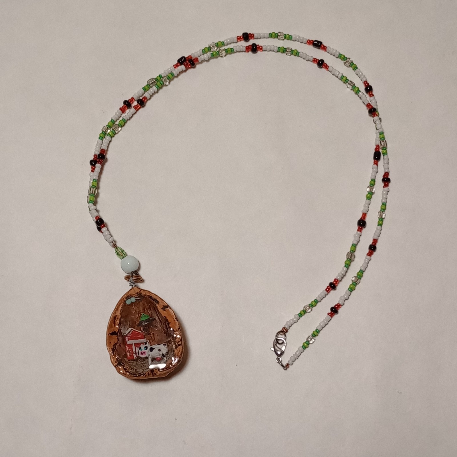 Handmade Multicolor Beaded Necklace Walnut Pendant UFO & Cow on Farm