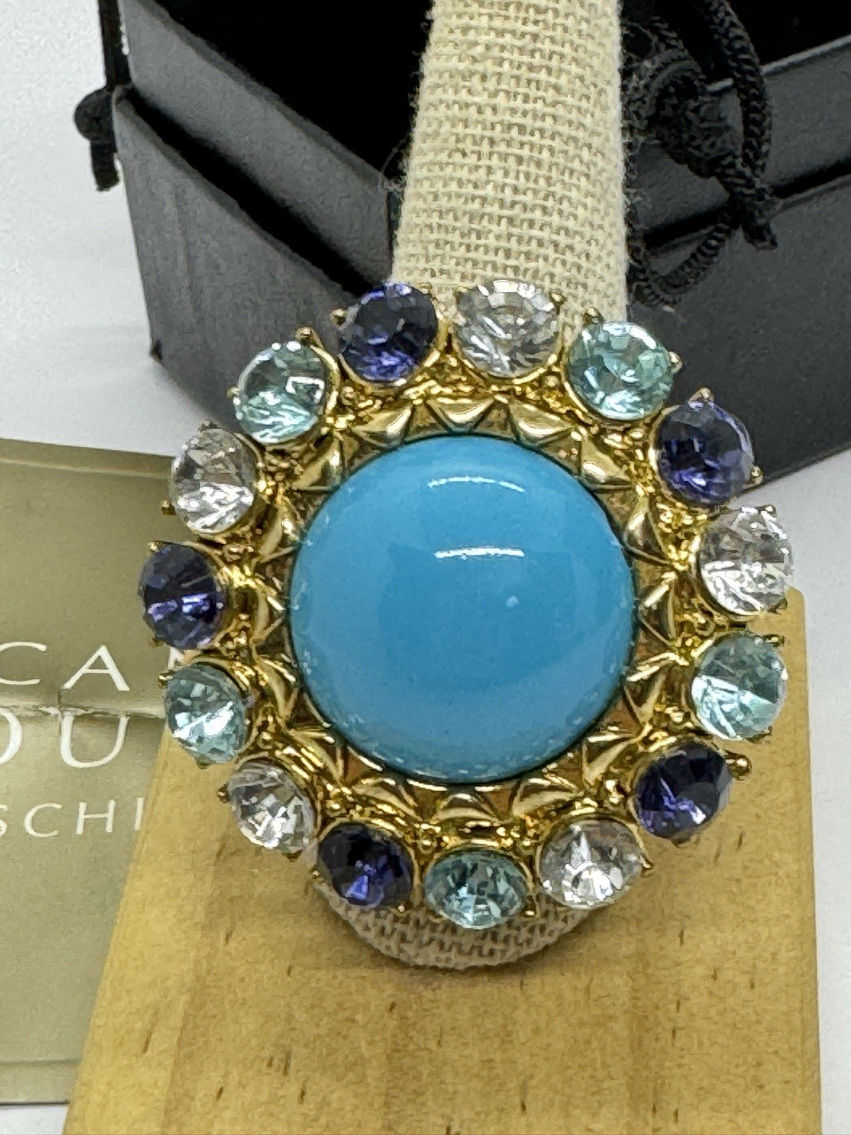 Badgley Mischka Turquoise Blue Clear Rhinestone Cocktail Ring Size 10