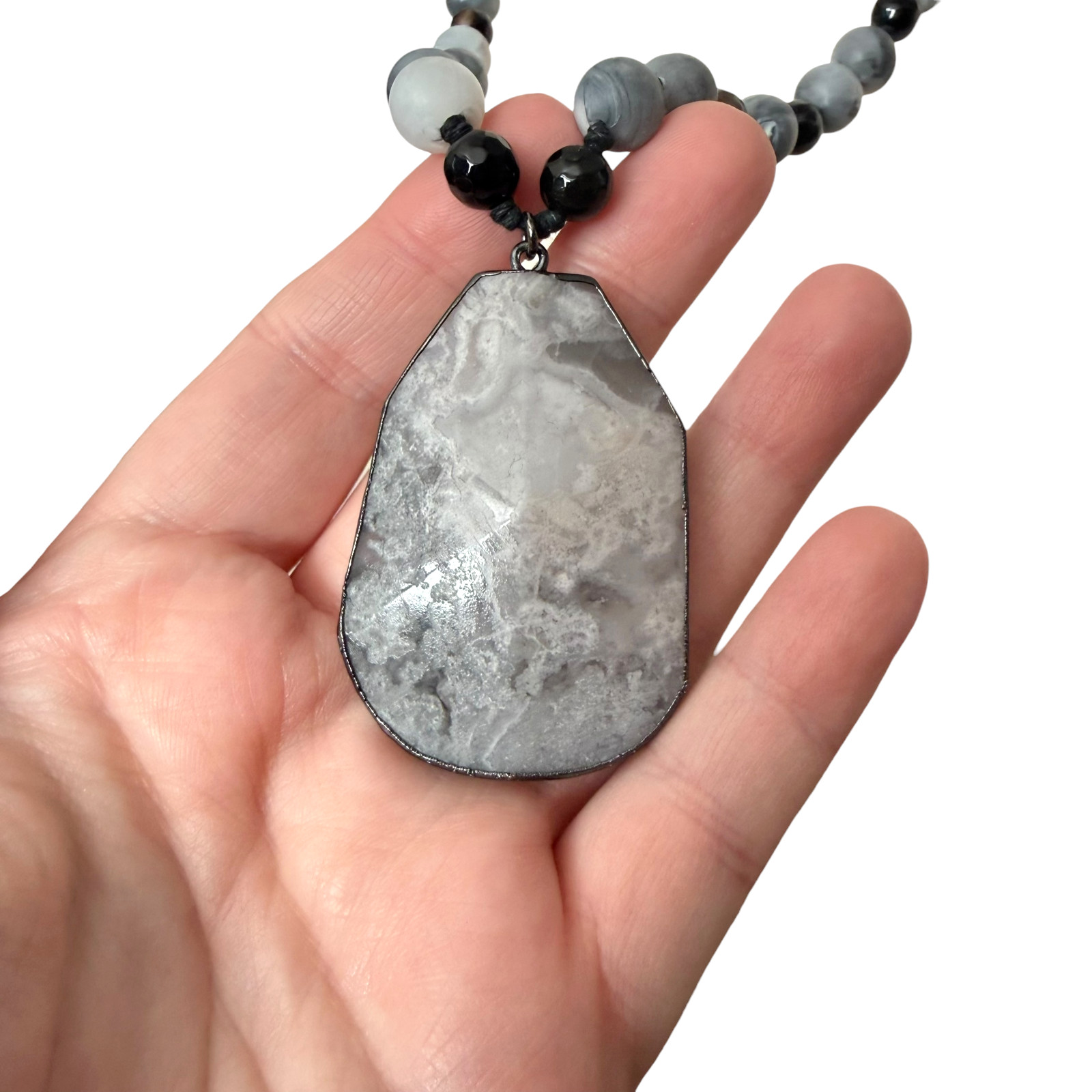J Jill Beaded Necklace Agate Stone Pendant Gray White Black Cord Adjustable NWT