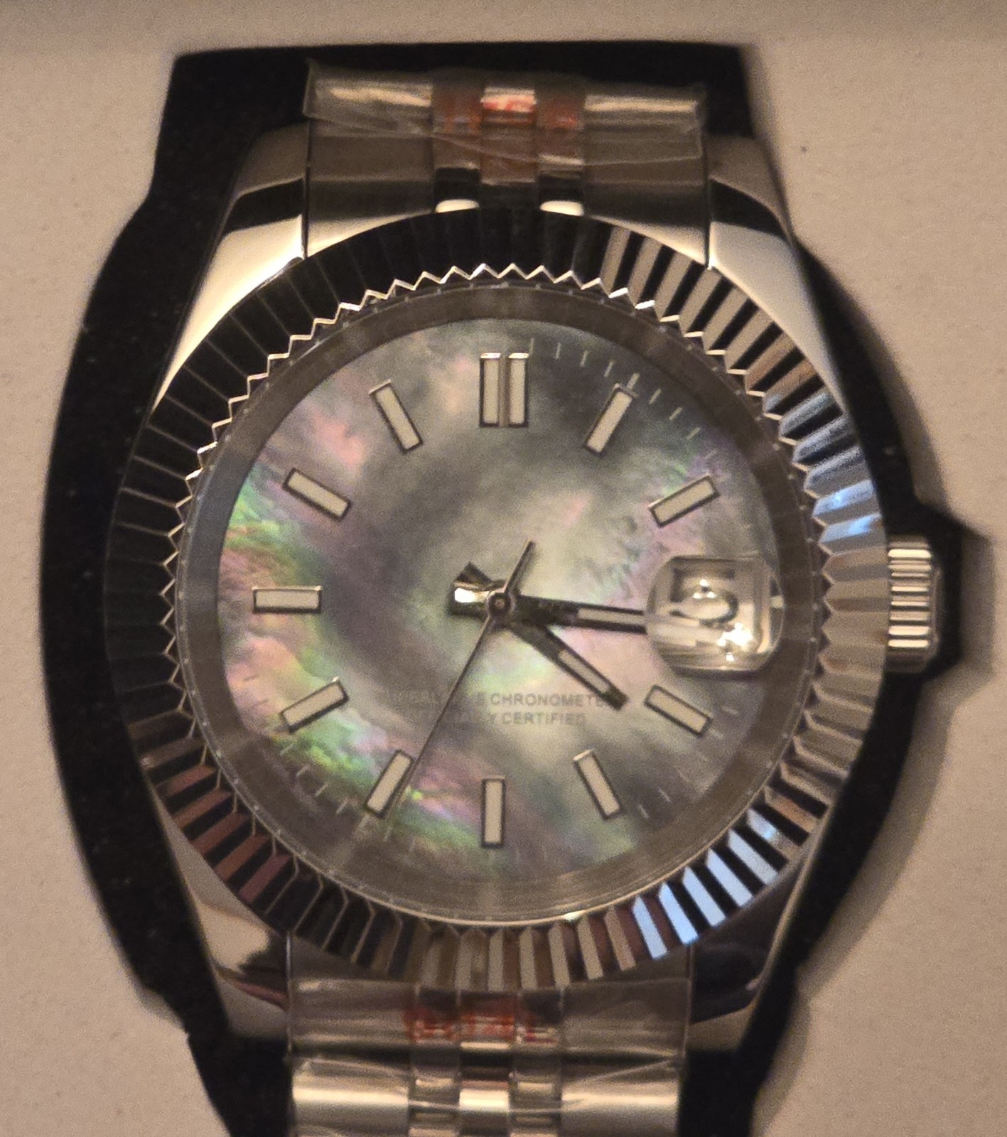 Tandorio Automatic 40mm Black MOP Sterile Dial SS Bracelet Fluted Bezel Date