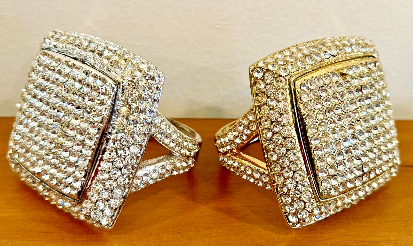 Big Bling Ring Box 2 Piece Set Gold & Silver ALL METAL Swarovski Style Crystals