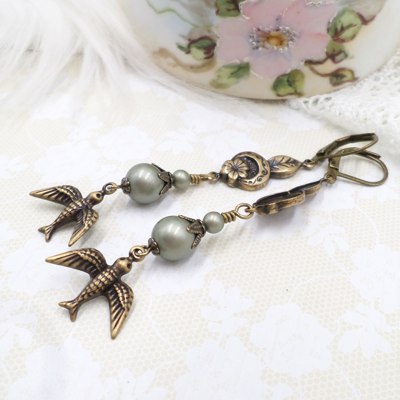 Brass Bird Earrings: Sage Green Pearl Floral Cottagecore Handmade Dangle Jewelry