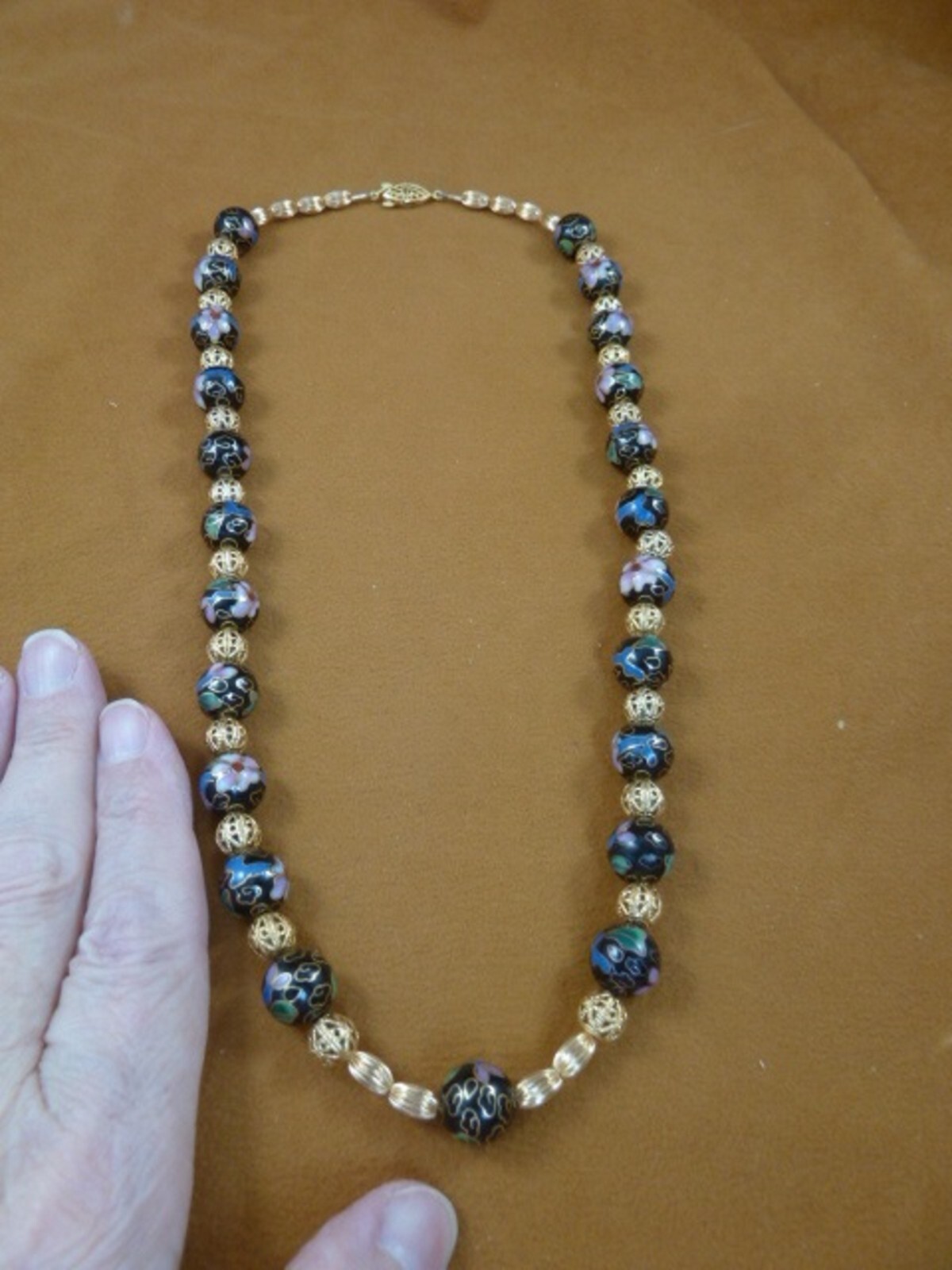 (v259-21) Black pink flower Cloisonne traditional 21″ beaded Necklace JEWELRY