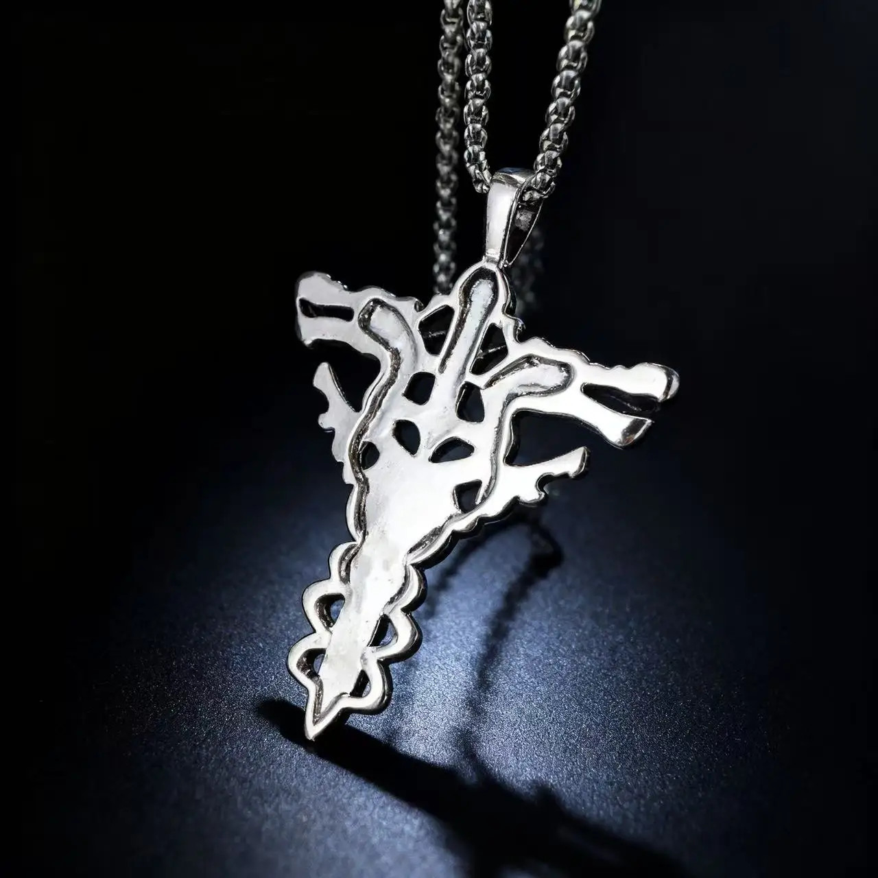 Gothic Style Double Dragon Sword Cross Pendant Necklace With 60cm Chain For