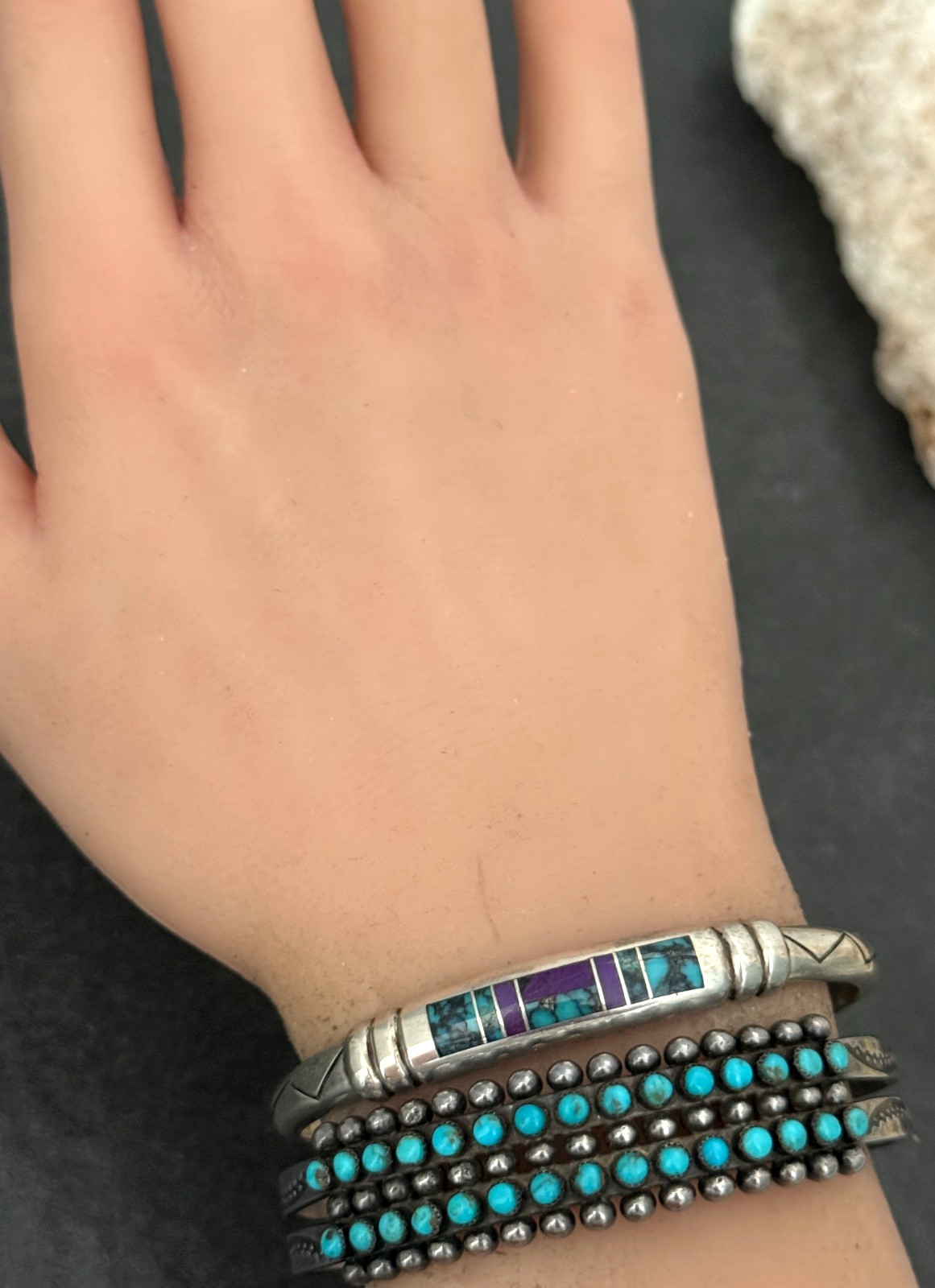 Vintage Navajo REX ABEITA Turquoise Sugilite Inlay ARROW Sterling Bracelet 6.6in