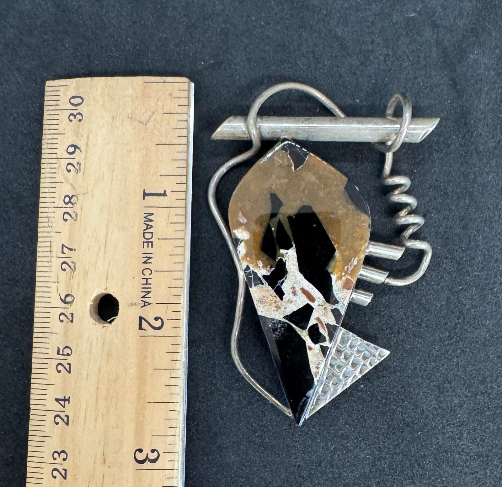 Natural Brown, Black, Cream Stone Set In Handmade Sterling Silver Pendant or Pin