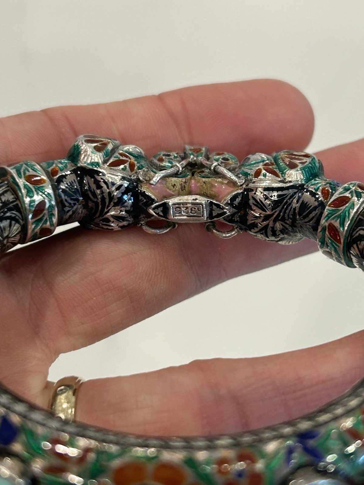 Vintage Indian Meenakari Sterling Enameled Elephant Head Bangle Turquoise AS IS