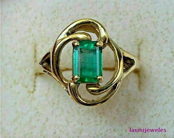 Real Emerald Ring 2.4Ct Emerald Cut Green Gemstone Swirl Solitaire 14K Gold Over