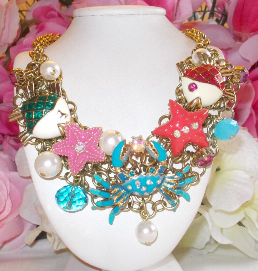 BETSEY JOHNSON LOVELY SEA LIFE CRYSTAL AND ENAMEL MULTICHARM STATEMENT NECKLACE